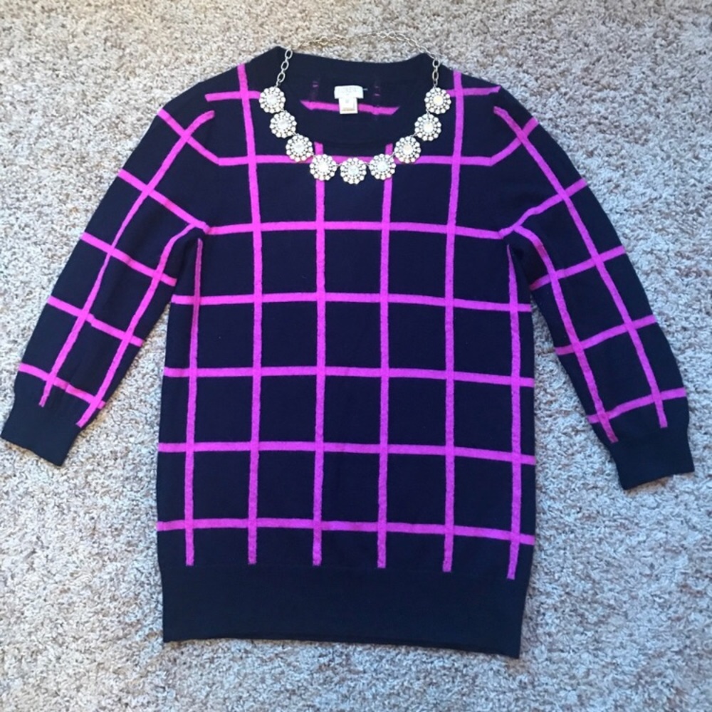 J. Crew Factory Black Sweater with Hot Pink Windowpane Grid